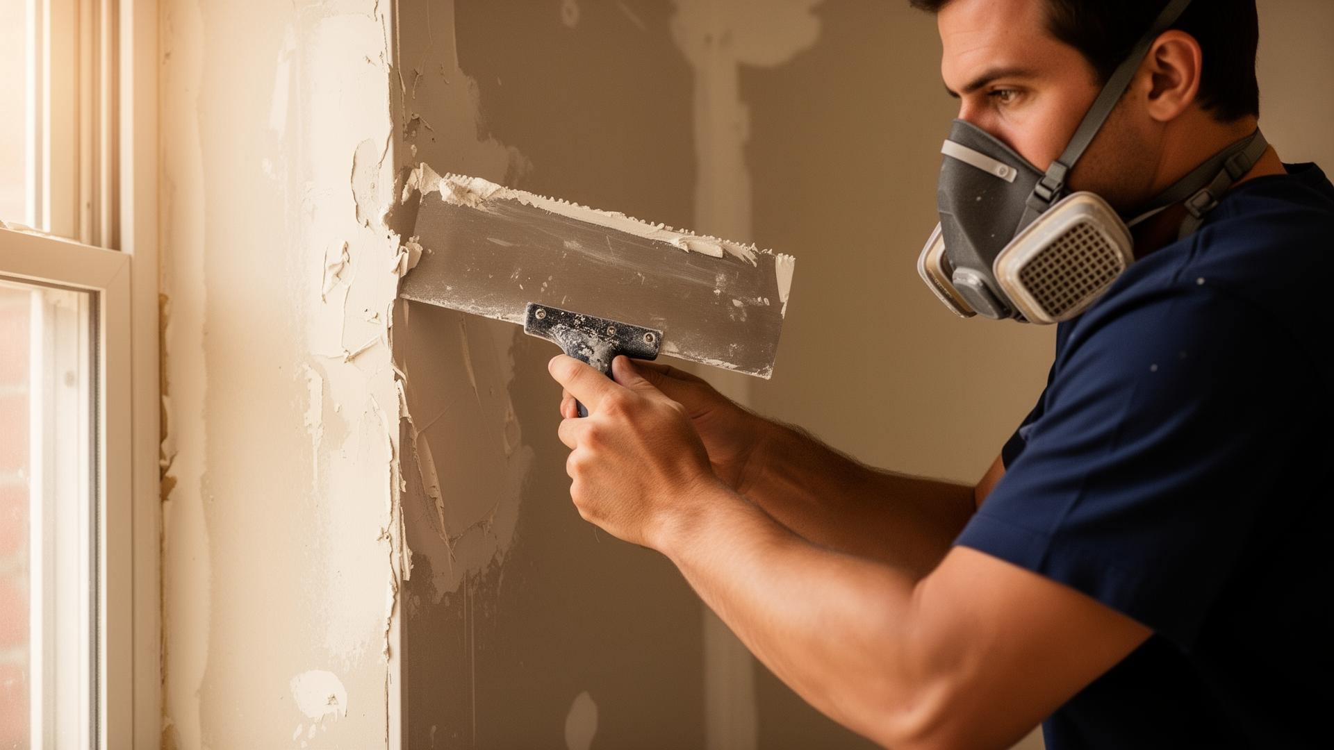 Boston drywall contractor smoothing joint compound on a freshly patched wall